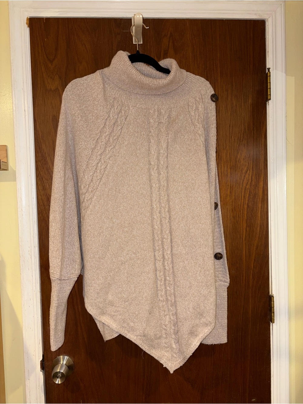 Cable Knit Turtleneck Poncho Sweater in Light Beige